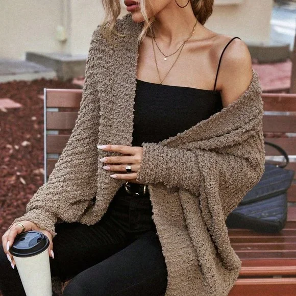 Brown Casual Womens Batwing Sleeve Hooded Duster Cardigan - Picture 2 of 7